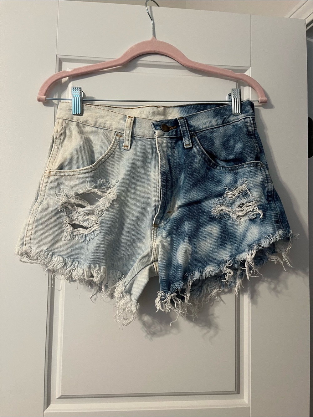 High-Rise Two-Tone Distressed Denim Shorts